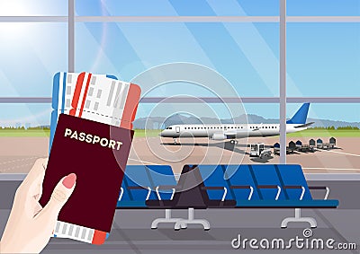 Airport waiting room or departure lounge with chairs. Terminal hall airfield view on airplanes. Vector Illustration